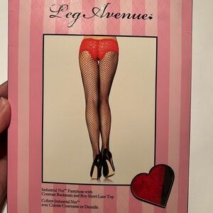 Leg Avenue Pantyhose(Black)w/contrast Backseam and Boy Short Lace Top(Red)